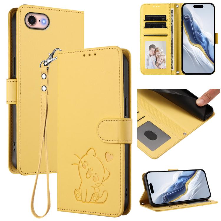 Funda para teléfono de piel con forma de corazón y gato en relieve, con correa de mano., For iPhone 14 Pro Max, For iPhone 7 / 8 / SE 2022, For iPhone 13 Pro Max, For iPhone 13 Pro