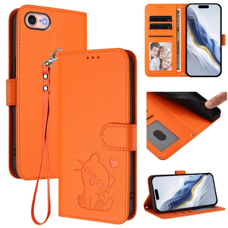 Funda para teléfono de piel con forma de corazón y gato en relieve, con correa de mano., For iPhone 14 Pro Max, For iPhone 7 / 8 / SE 2022, For iPhone 13 Pro Max, For iPhone 13 Pro