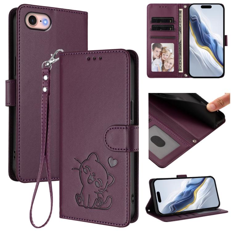 Funda para teléfono de piel con forma de corazón y gato en relieve, con correa de mano., For iPhone 14 Pro Max, For iPhone 7 / 8 / SE 2022, For iPhone 13 Pro Max, For iPhone 13 Pro