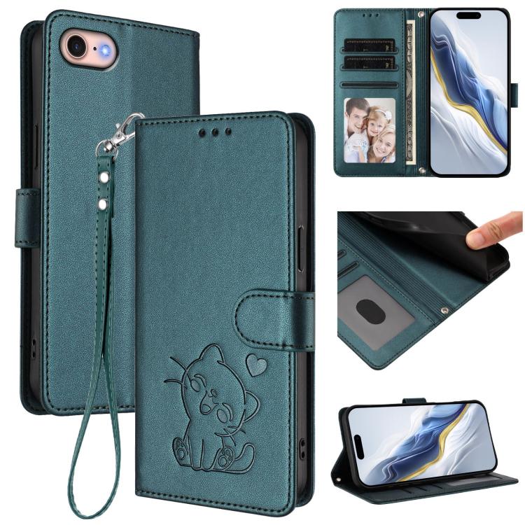 Funda para teléfono de piel con forma de corazón y gato en relieve, con correa de mano., For iPhone 14 Pro Max, For iPhone 7 / 8 / SE 2022, For iPhone 13 Pro Max, For iPhone 13 Pro