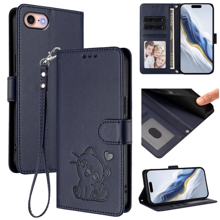 Funda para teléfono de piel con forma de corazón y gato en relieve, con correa de mano., For iPhone 14 Pro Max, For iPhone 7 / 8 / SE 2022, For iPhone 13 Pro Max, For iPhone 13 Pro
