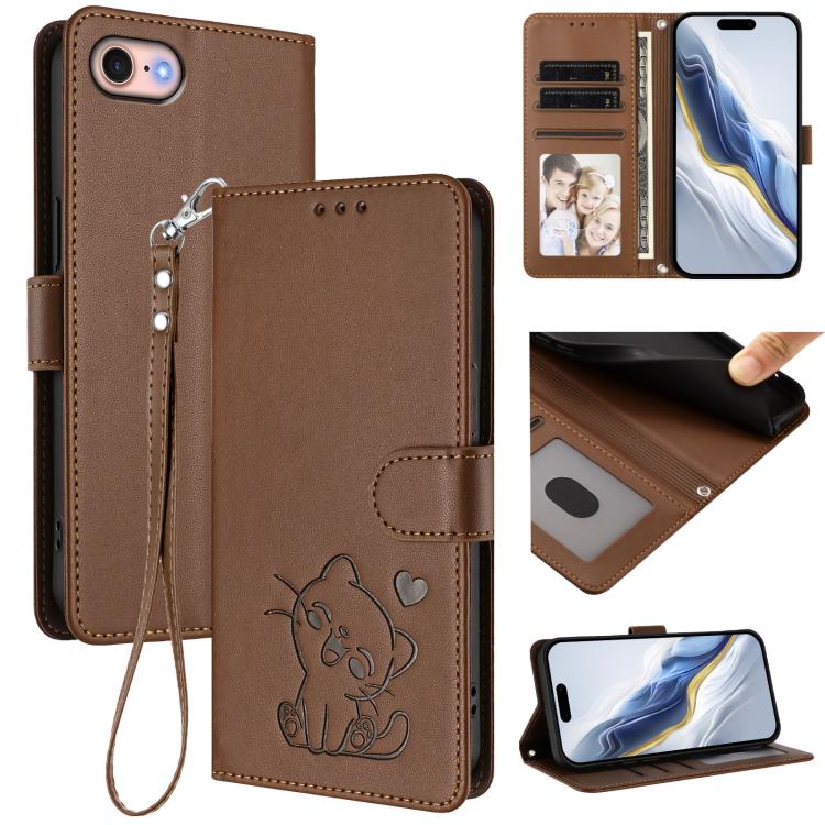 Funda para teléfono de piel con forma de corazón y gato en relieve, con correa de mano., For iPhone 14 Pro Max, For iPhone 7 / 8 / SE 2022, For iPhone 13 Pro Max, For iPhone 13 Pro
