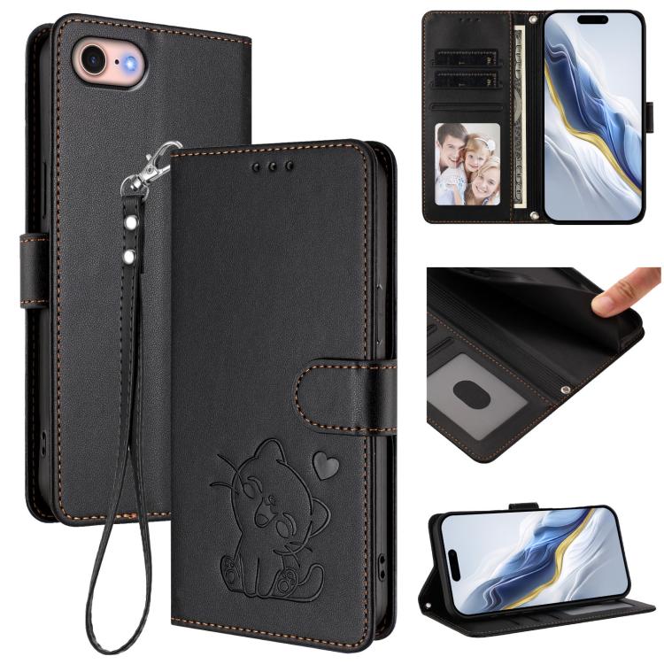 Funda para teléfono de piel con forma de corazón y gato en relieve, con correa de mano., For iPhone 14 Pro Max, For iPhone 7 / 8 / SE 2022, For iPhone 13 Pro Max, For iPhone 13 Pro