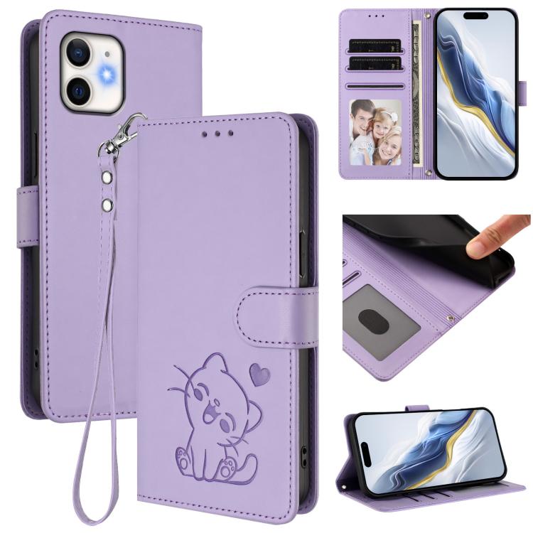 Funda para teléfono de piel con forma de corazón y gato en relieve, con correa de mano., For iPhone 13 mini, For iPhone 12 / 12 Pro, For iPhone 12 Pro Max, For iPhone 12 mini