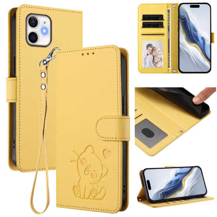 Funda para teléfono de piel con forma de corazón y gato en relieve, con correa de mano., For iPhone 13 mini, For iPhone 12 / 12 Pro, For iPhone 12 Pro Max, For iPhone 12 mini