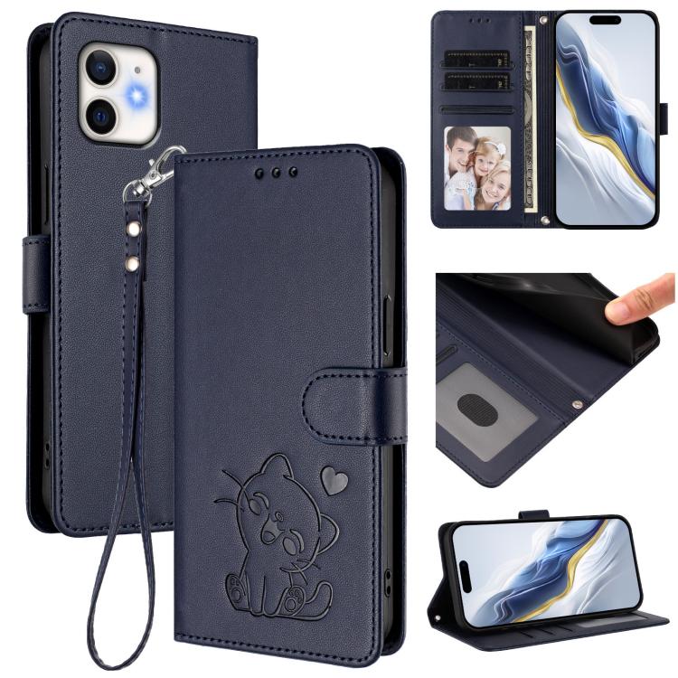 Funda para teléfono de piel con forma de corazón y gato en relieve, con correa de mano., For iPhone 13 mini, For iPhone 12 / 12 Pro, For iPhone 12 Pro Max, For iPhone 12 mini