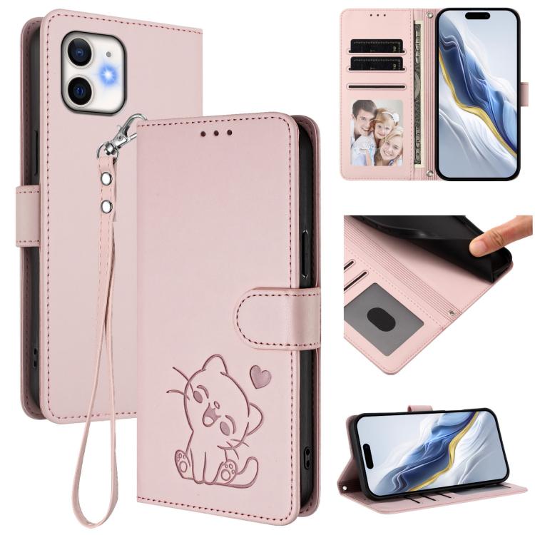 Funda para teléfono de piel con forma de corazón y gato en relieve, con correa de mano., For iPhone 13 mini, For iPhone 12 / 12 Pro, For iPhone 12 Pro Max, For iPhone 12 mini