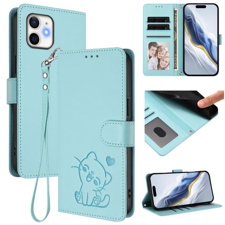 Funda para teléfono de piel con forma de corazón y gato en relieve, con correa de mano., For iPhone 13 mini, For iPhone 12 / 12 Pro, For iPhone 12 Pro Max, For iPhone 12 mini