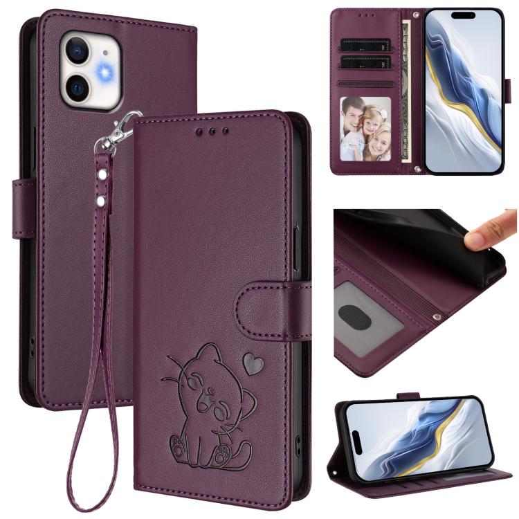 Funda para teléfono de piel con forma de corazón y gato en relieve, con correa de mano., For iPhone 13 mini, For iPhone 12 / 12 Pro, For iPhone 12 Pro Max, For iPhone 12 mini
