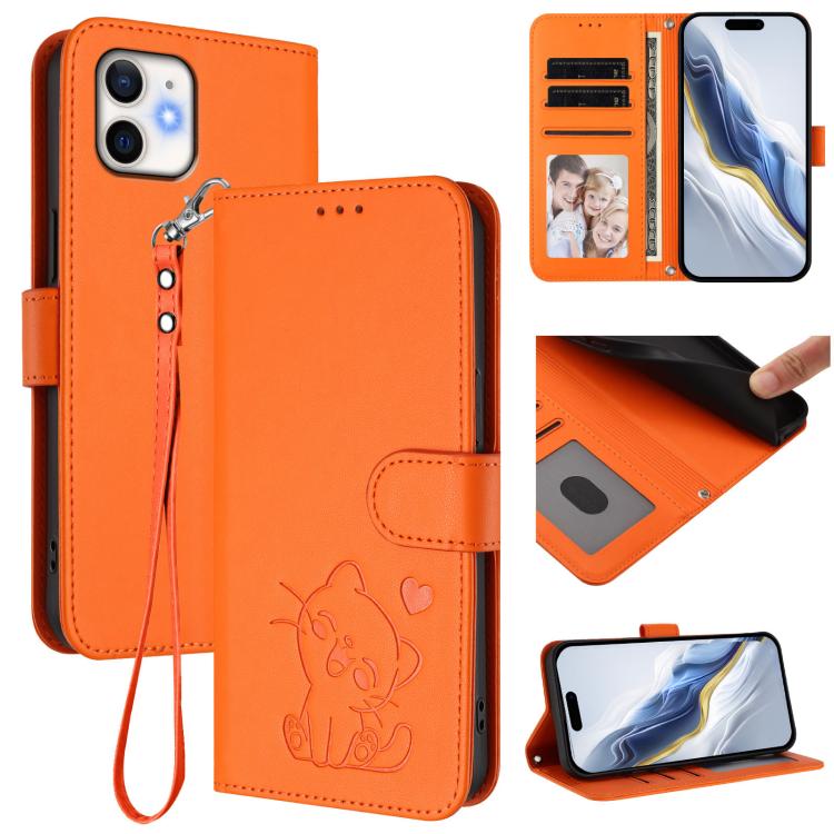 Funda para teléfono de piel con forma de corazón y gato en relieve, con correa de mano., For iPhone 13 mini, For iPhone 12 / 12 Pro, For iPhone 12 Pro Max, For iPhone 12 mini