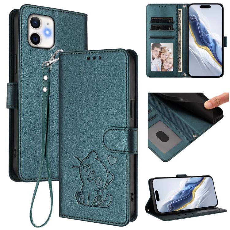 Funda para teléfono de piel con forma de corazón y gato en relieve, con correa de mano., For iPhone 13 mini, For iPhone 12 / 12 Pro, For iPhone 12 Pro Max, For iPhone 12 mini