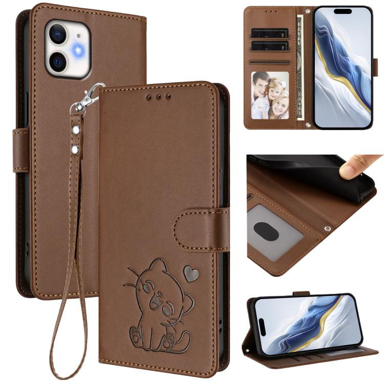 Funda para teléfono de piel con forma de corazón y gato en relieve, con correa de mano., For iPhone 13 mini, For iPhone 12 / 12 Pro, For iPhone 12 Pro Max, For iPhone 12 mini