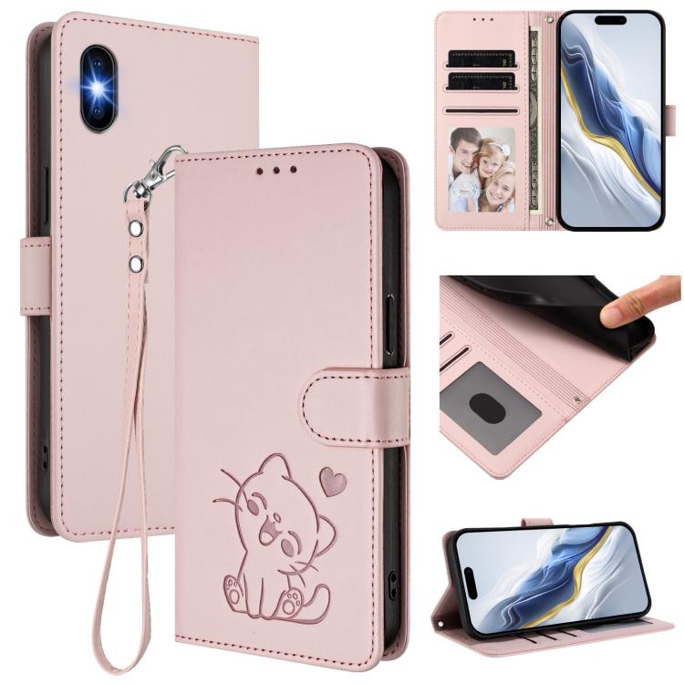 Funda para teléfono de piel con forma de corazón y gato en relieve, con correa de mano., For iPhone XR, For iPhone XS Max, For iPhone 7 Plus / 8 Plus