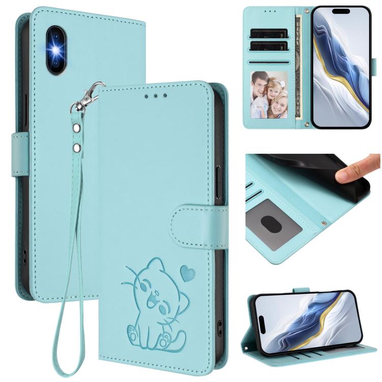 Funda para teléfono de piel con forma de corazón y gato en relieve, con correa de mano., For iPhone XR, For iPhone XS Max, For iPhone 7 Plus / 8 Plus