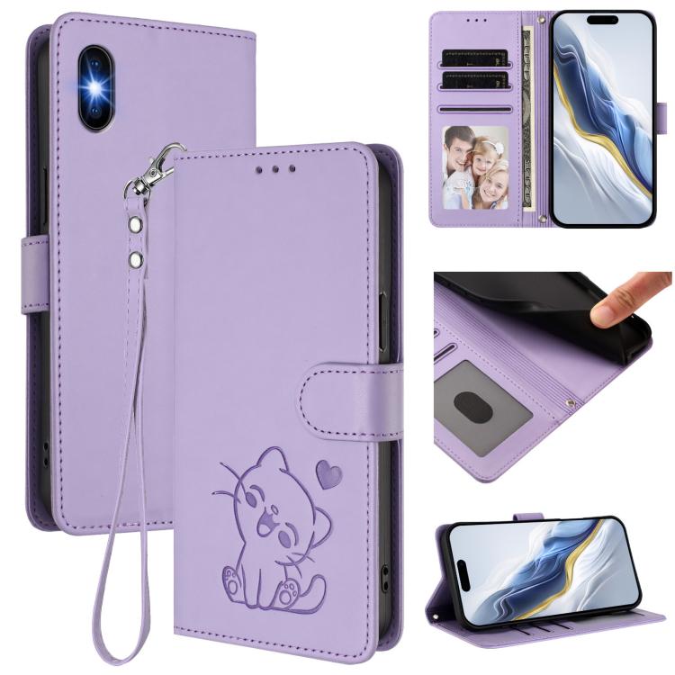 Funda para teléfono de piel con forma de corazón y gato en relieve, con correa de mano., For iPhone XR, For iPhone XS Max, For iPhone 7 Plus / 8 Plus