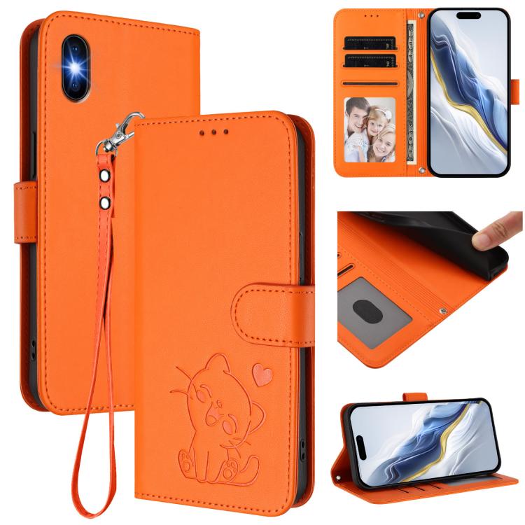 Funda para teléfono de piel con forma de corazón y gato en relieve, con correa de mano., For iPhone XR, For iPhone XS Max, For iPhone 7 Plus / 8 Plus