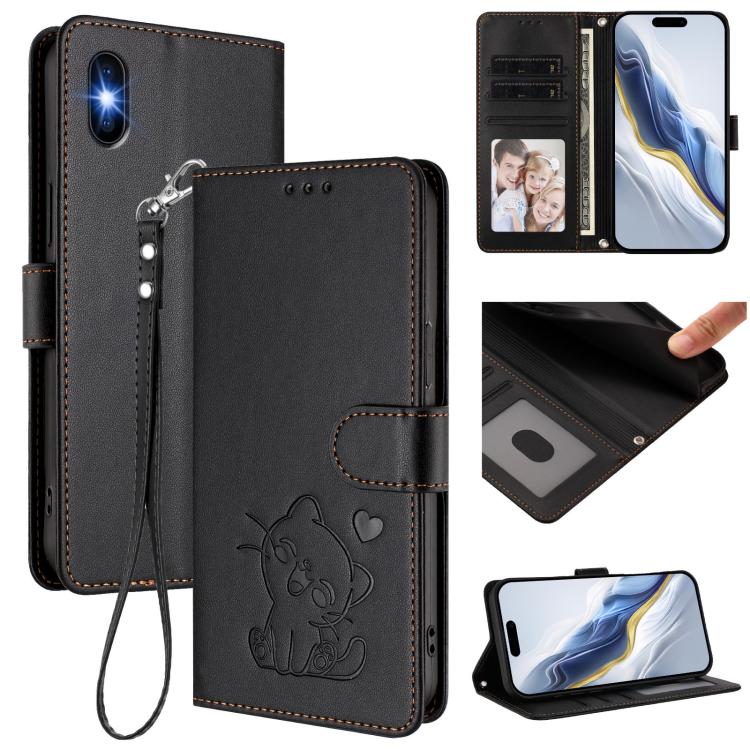 Funda para teléfono de piel con forma de corazón y gato en relieve, con correa de mano., For iPhone XR, For iPhone XS Max, For iPhone 7 Plus / 8 Plus