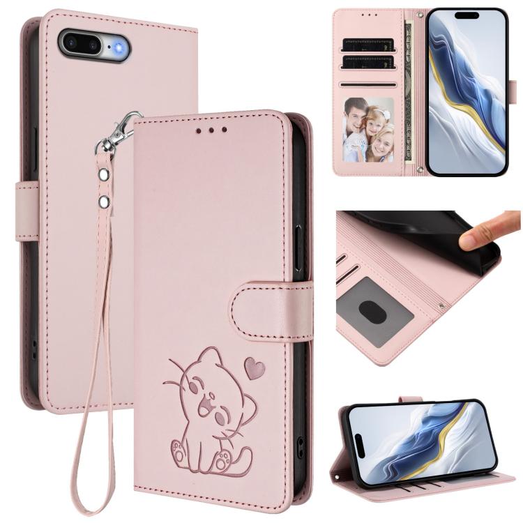 Funda para teléfono de piel con forma de corazón y gato en relieve, con correa de mano., For iPhone XR, For iPhone XS Max, For iPhone 7 Plus / 8 Plus