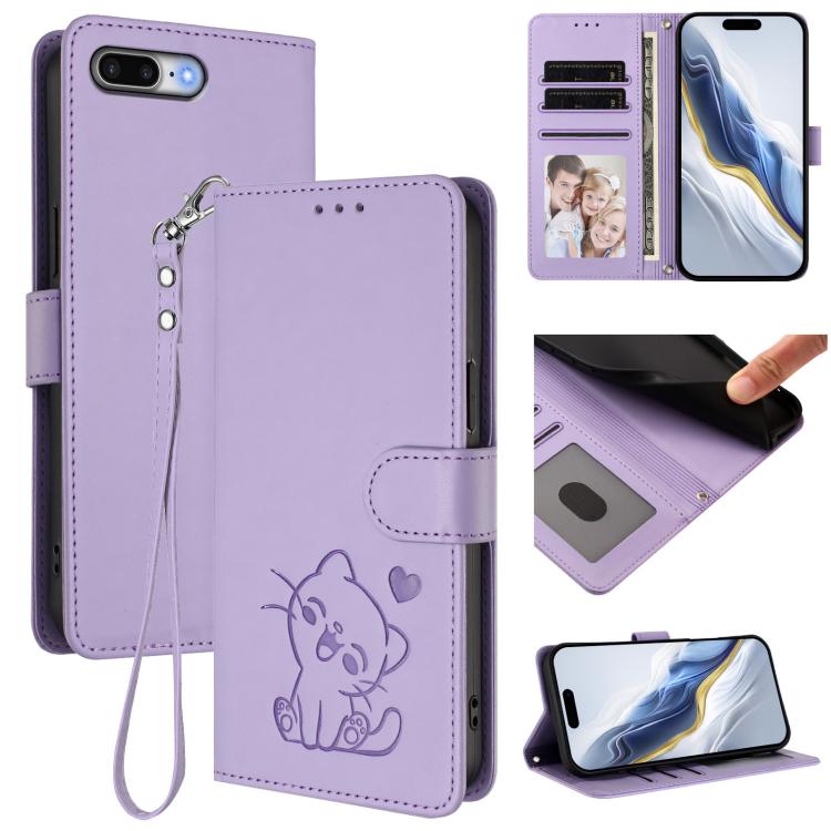 Funda para teléfono de piel con forma de corazón y gato en relieve, con correa de mano., For iPhone XR, For iPhone XS Max, For iPhone 7 Plus / 8 Plus