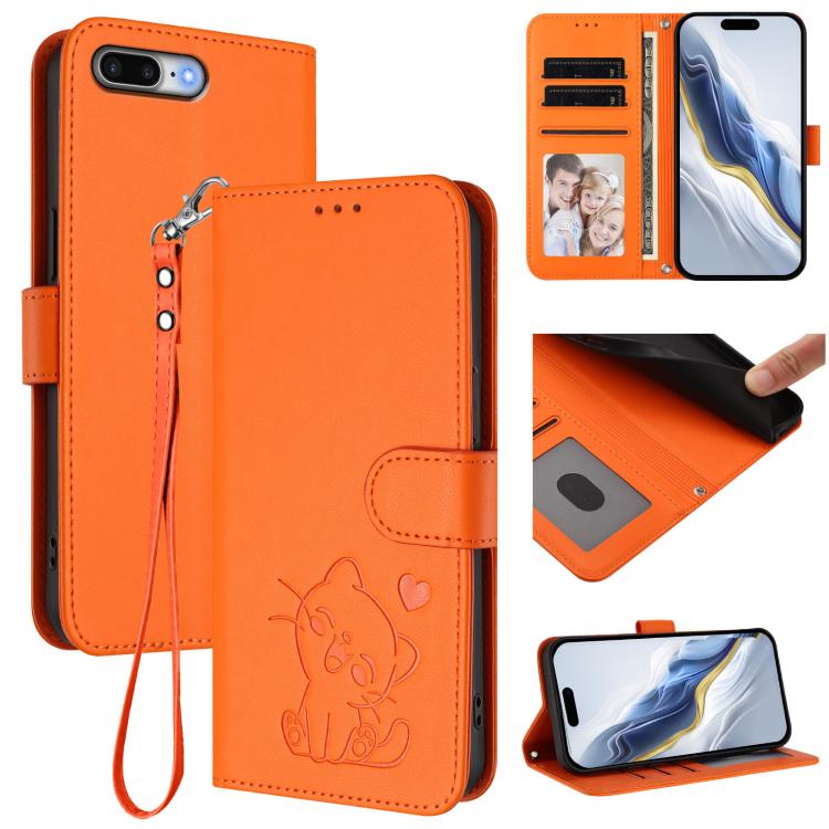 Funda para teléfono de piel con forma de corazón y gato en relieve, con correa de mano., For iPhone XR, For iPhone XS Max, For iPhone 7 Plus / 8 Plus
