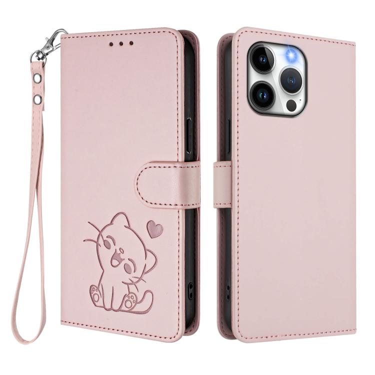 Funda para teléfono de piel con forma de corazón y gato en relieve, con correa de mano., For iPhone 14 Pro Max, For iPhone 7 / 8 / SE 2022, For iPhone 13 Pro Max, For iPhone 13 Pro