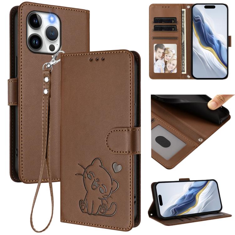 Funda para teléfono de piel con forma de corazón y gato en relieve, con correa de mano., For iPhone 14 Pro Max, For iPhone 7 / 8 / SE 2022, For iPhone 13 Pro Max, For iPhone 13 Pro
