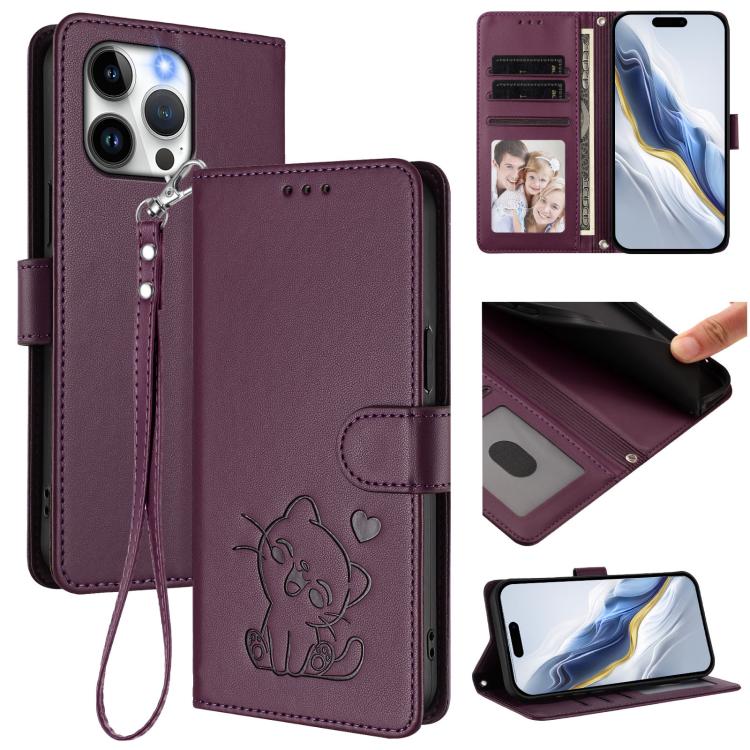 Funda para teléfono de piel con forma de corazón y gato en relieve, con correa de mano., For iPhone 14 Pro Max, For iPhone 7 / 8 / SE 2022, For iPhone 13 Pro Max, For iPhone 13 Pro