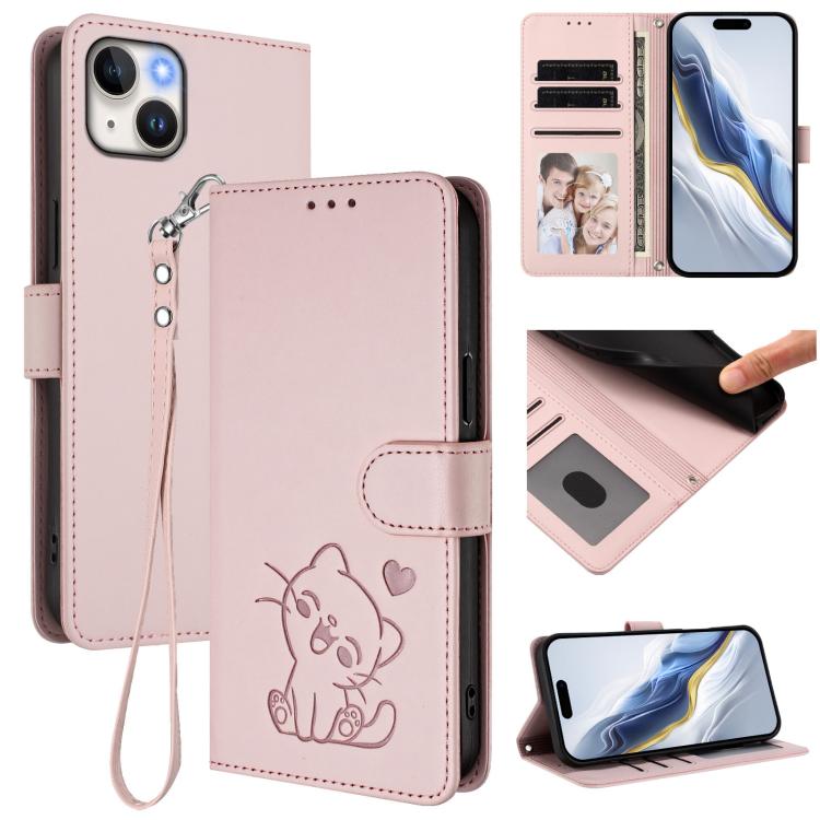 Funda para teléfono de piel con forma de corazón y gato en relieve, con correa de mano., For iPhone 13 mini, For iPhone 12 / 12 Pro, For iPhone 12 Pro Max, For iPhone 12 mini