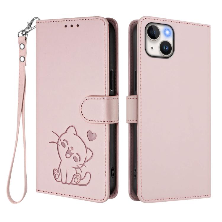 Funda para teléfono de piel con forma de corazón y gato en relieve, con correa de mano., For iPhone 13 mini, For iPhone 12 / 12 Pro, For iPhone 12 Pro Max, For iPhone 12 mini