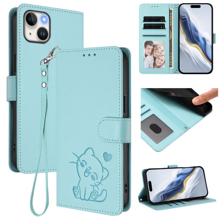 Funda para teléfono de piel con forma de corazón y gato en relieve, con correa de mano., For iPhone 13 mini, For iPhone 12 / 12 Pro, For iPhone 12 Pro Max, For iPhone 12 mini