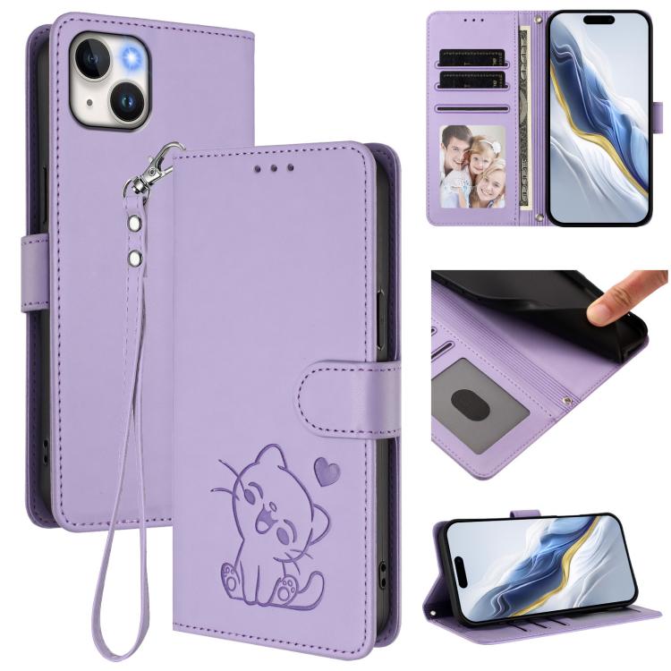 Funda para teléfono de piel con forma de corazón y gato en relieve, con correa de mano., For iPhone 13 mini, For iPhone 12 / 12 Pro, For iPhone 12 Pro Max, For iPhone 12 mini