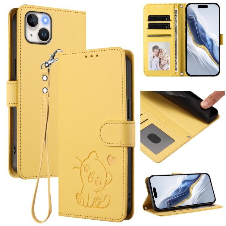 Funda para teléfono de piel con forma de corazón y gato en relieve, con correa de mano., For iPhone 13 mini, For iPhone 12 / 12 Pro, For iPhone 12 Pro Max, For iPhone 12 mini