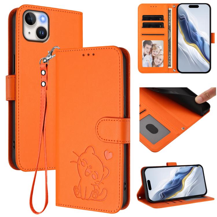 Funda para teléfono de piel con forma de corazón y gato en relieve, con correa de mano., For iPhone 13 mini, For iPhone 12 / 12 Pro, For iPhone 12 Pro Max, For iPhone 12 mini