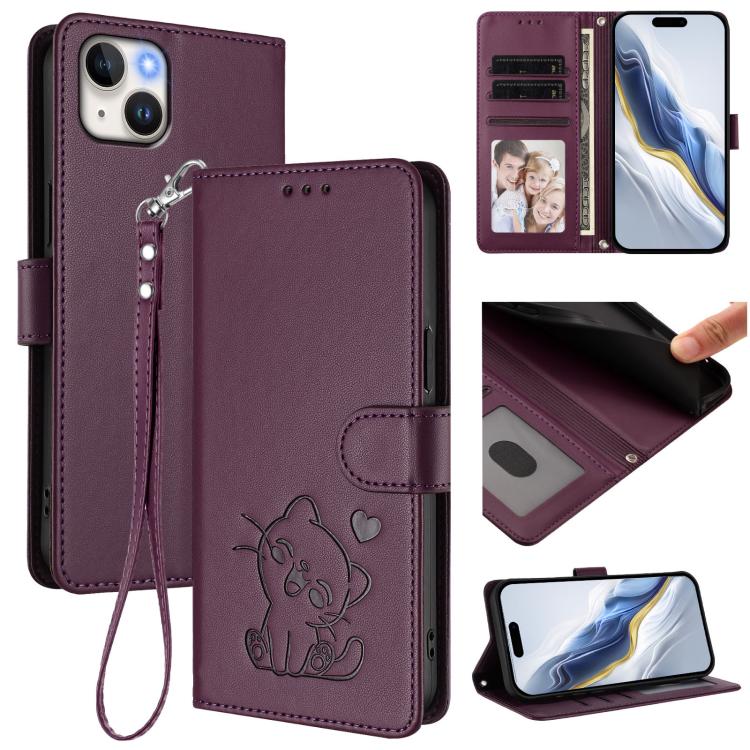 Funda para teléfono de piel con forma de corazón y gato en relieve, con correa de mano., For iPhone 13 mini, For iPhone 12 / 12 Pro, For iPhone 12 Pro Max, For iPhone 12 mini