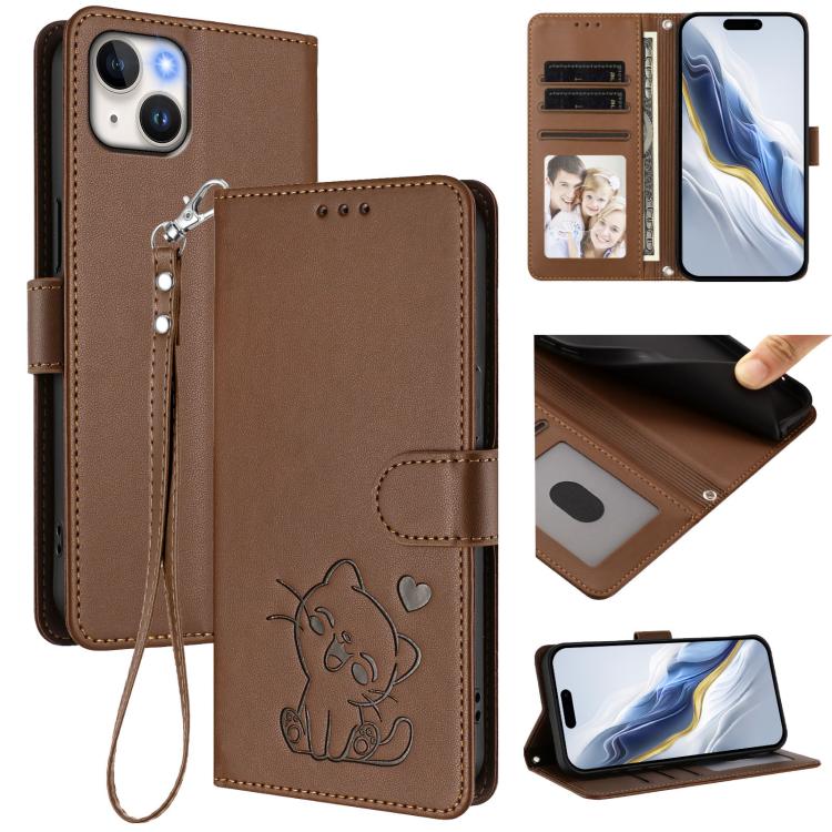 Funda para teléfono de piel con forma de corazón y gato en relieve, con correa de mano., For iPhone 13 mini, For iPhone 12 / 12 Pro, For iPhone 12 Pro Max, For iPhone 12 mini