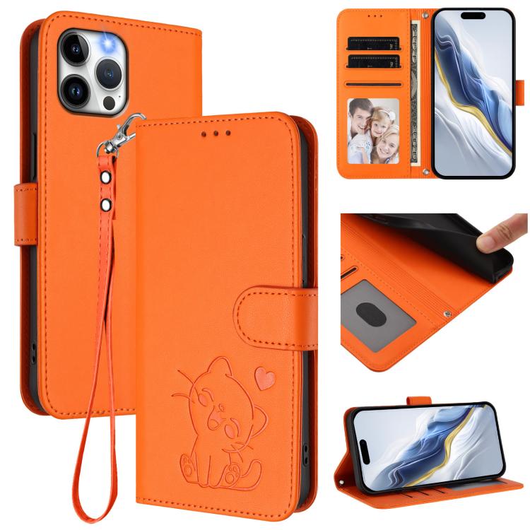 Funda para teléfono de piel con forma de corazón y gato en relieve, con correa de mano., For iPhone 13 mini, For iPhone 12 / 12 Pro, For iPhone 12 Pro Max, For iPhone 12 mini