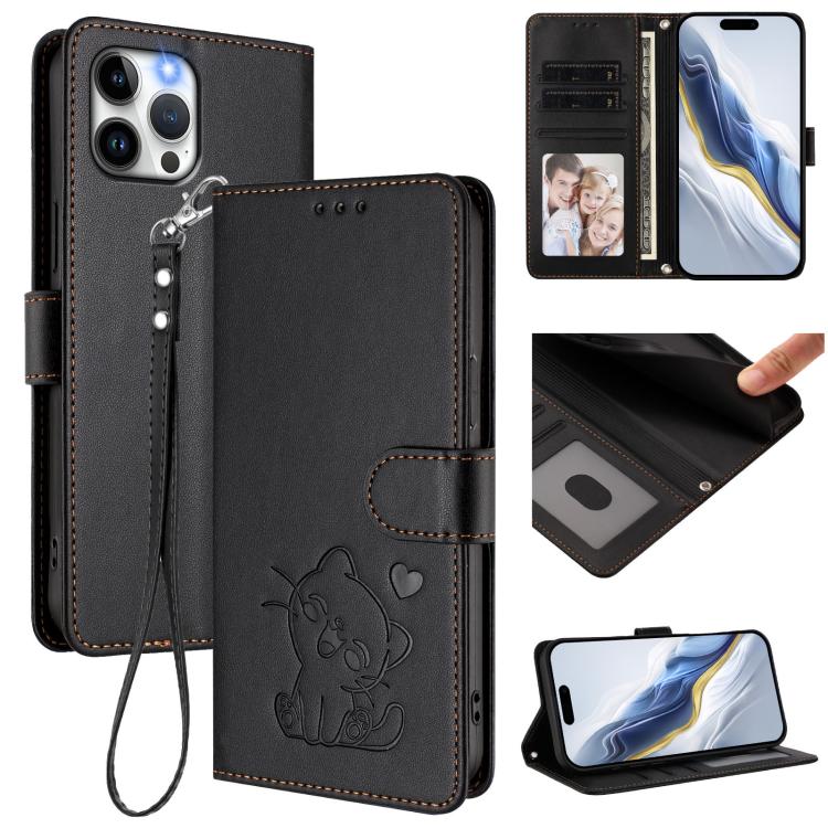 Funda para teléfono de piel con forma de corazón y gato en relieve, con correa de mano., For iPhone 13 mini, For iPhone 12 / 12 Pro, For iPhone 12 Pro Max, For iPhone 12 mini