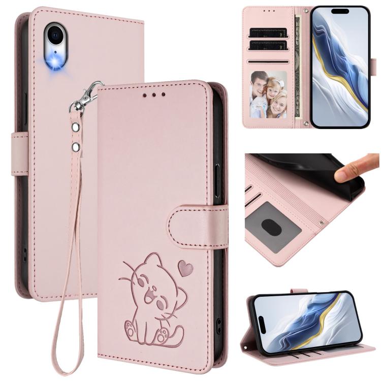 Funda para teléfono de piel con forma de corazón y gato en relieve, con correa de mano., For iPhone XR, For iPhone XS Max, For iPhone 7 Plus / 8 Plus