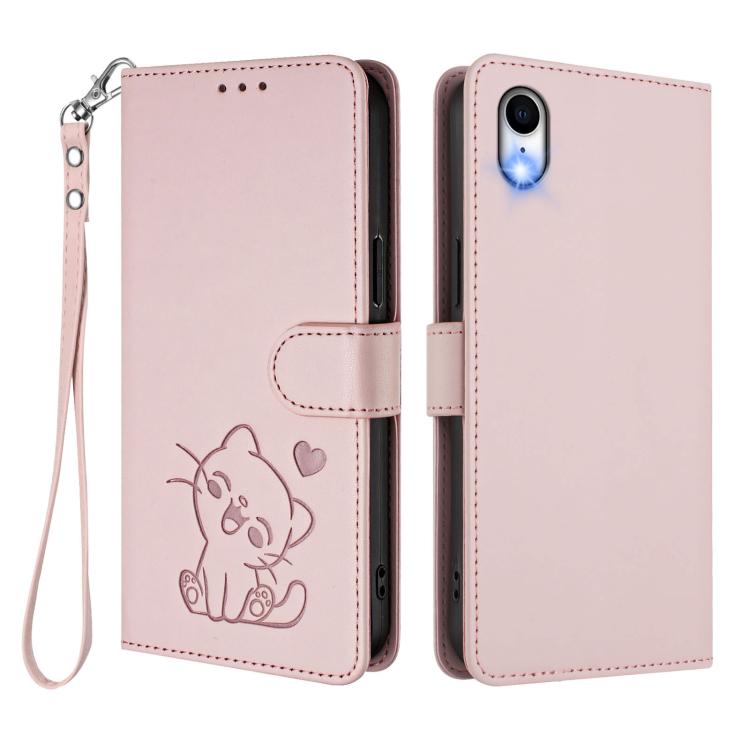 Funda para teléfono de piel con forma de corazón y gato en relieve, con correa de mano., For iPhone XR, For iPhone XS Max, For iPhone 7 Plus / 8 Plus