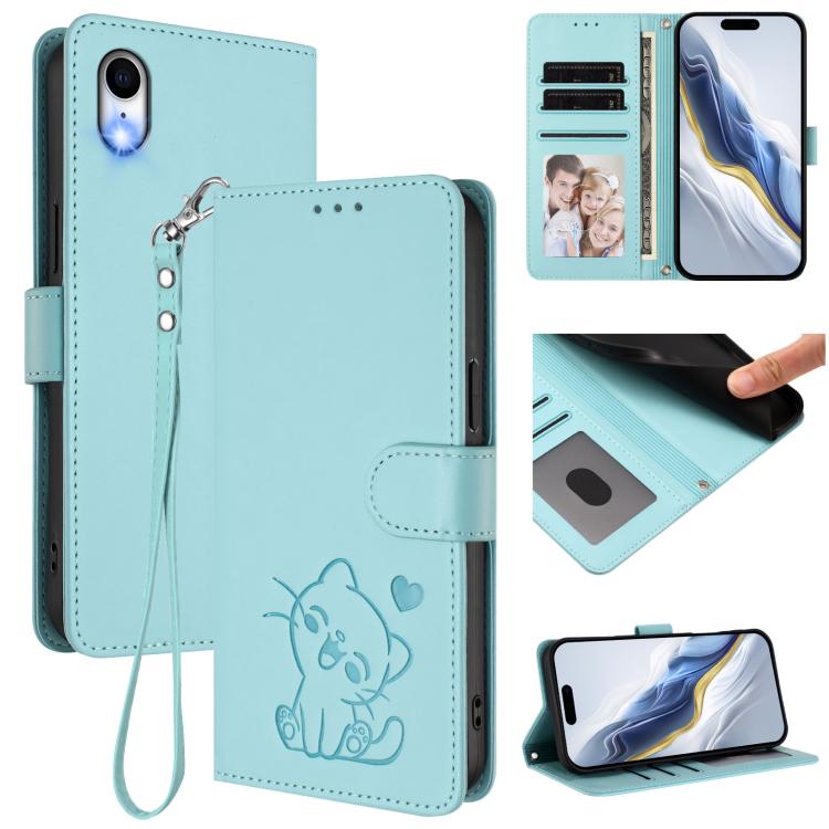 Funda para teléfono de piel con forma de corazón y gato en relieve, con correa de mano., For iPhone XR, For iPhone XS Max, For iPhone 7 Plus / 8 Plus