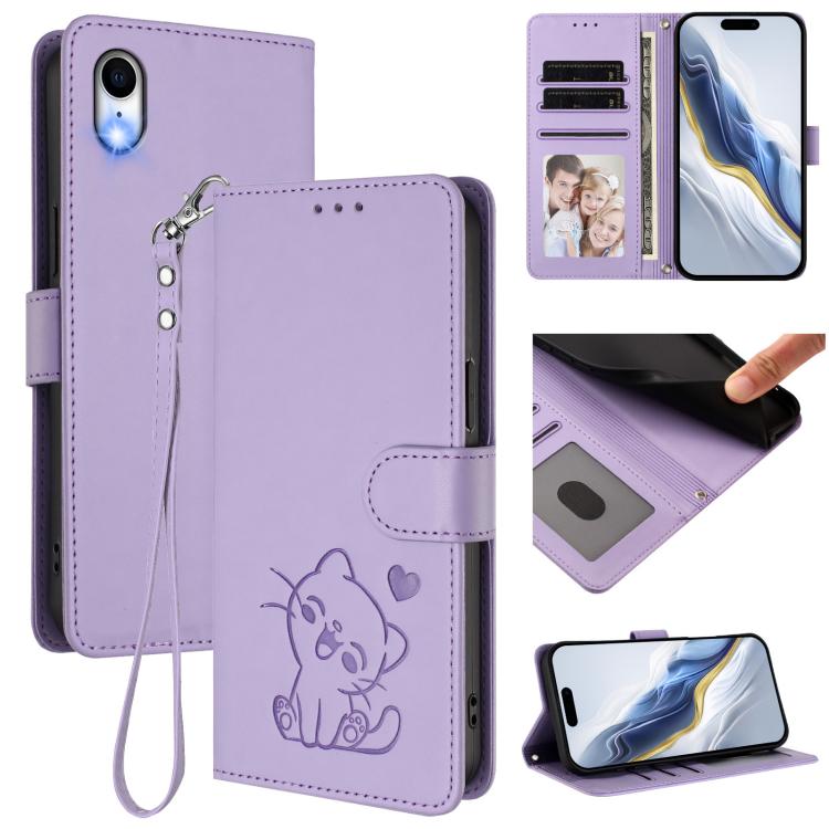 Funda para teléfono de piel con forma de corazón y gato en relieve, con correa de mano., For iPhone XR, For iPhone XS Max, For iPhone 7 Plus / 8 Plus