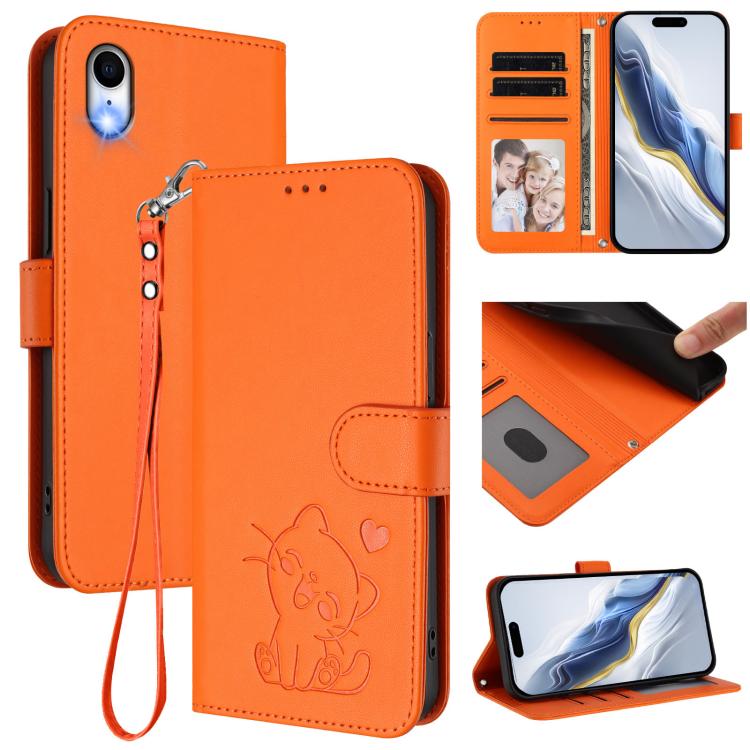 Funda para teléfono de piel con forma de corazón y gato en relieve, con correa de mano., For iPhone XR, For iPhone XS Max, For iPhone 7 Plus / 8 Plus