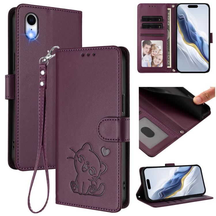 Funda para teléfono de piel con forma de corazón y gato en relieve, con correa de mano., For iPhone XR, For iPhone XS Max, For iPhone 7 Plus / 8 Plus