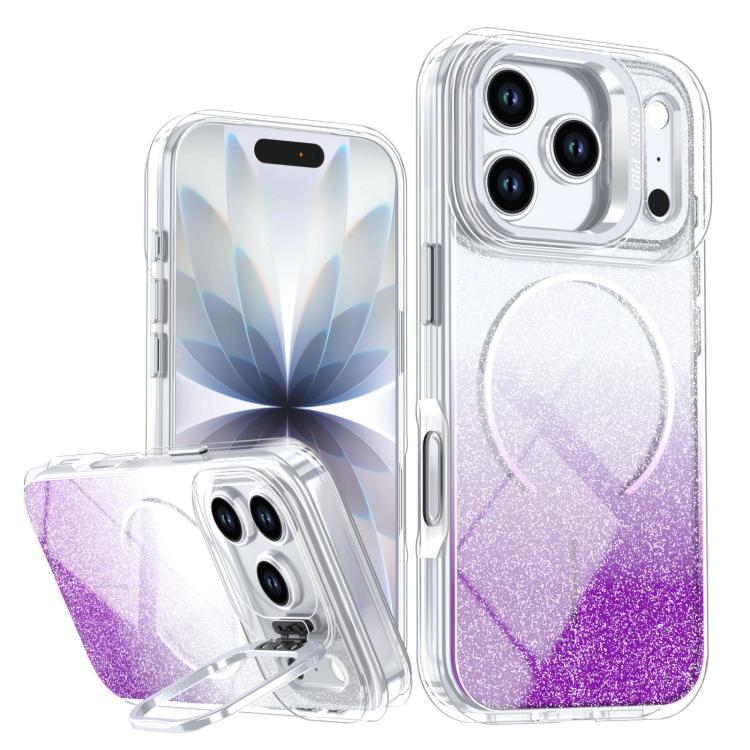 Funda para teléfono con soporte magnético para marco de lente con efecto degradado brillante, For iPhone 17e / 16e, For iPhone 17 Pro Max, For iPhone 17 Pro, For iPhone 17, For iPhone Air, For iPhone 16 Pro Max, For iPhone 16 Pro, For iPhone 16 Plus   ...