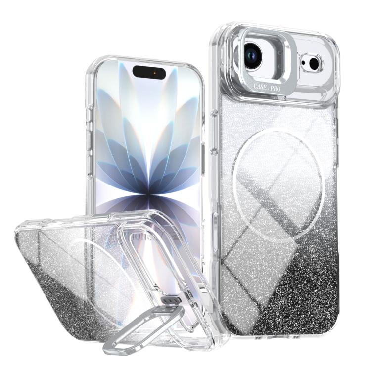 Funda para teléfono con soporte magnético para marco de lente con efecto degradado brillante, For iPhone 17e / 16e, For iPhone 17 Pro Max, For iPhone 17 Pro, For iPhone 17, For iPhone Air, For iPhone 16 Pro Max, For iPhone 16 Pro, For iPhone 16 Plus   ...