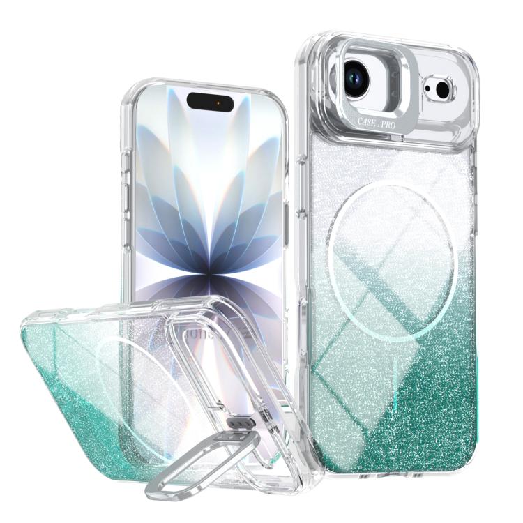 Funda para teléfono con soporte magnético para marco de lente con efecto degradado brillante, For iPhone 17e / 16e, For iPhone 17 Pro Max, For iPhone 17 Pro, For iPhone 17, For iPhone Air, For iPhone 16 Pro Max, For iPhone 16 Pro, For iPhone 16 Plus   ...