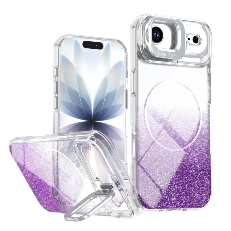 Funda para teléfono con soporte magnético para marco de lente con efecto degradado brillante, For iPhone 17e / 16e, For iPhone 17 Pro Max, For iPhone 17 Pro, For iPhone 17, For iPhone Air, For iPhone 16 Pro Max, For iPhone 16 Pro, For iPhone 16 Plus   ...