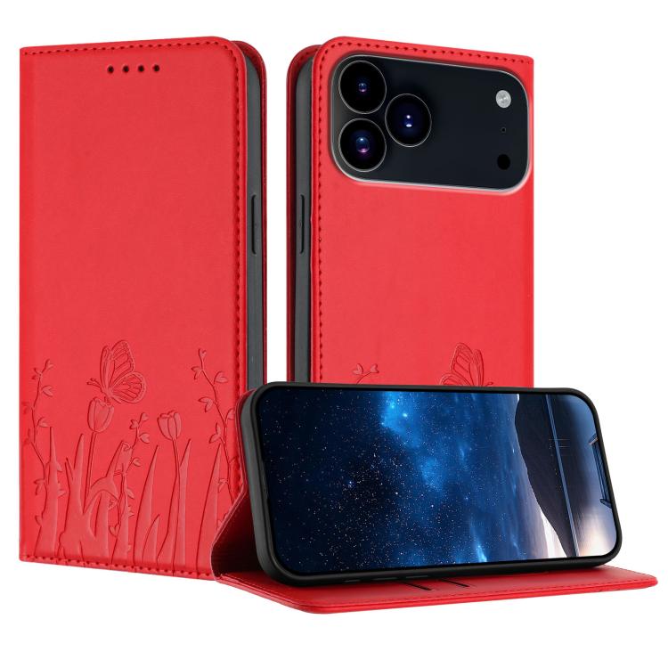 Funda magnética para teléfono de piel vegana con estampado de tulipanes y mariposas, For iPhone 18 Pro / 17 Pro, For iPhone 18 Pro Max / 17 Pro Max, For iPhone 17e / 16e, For iPhone 17