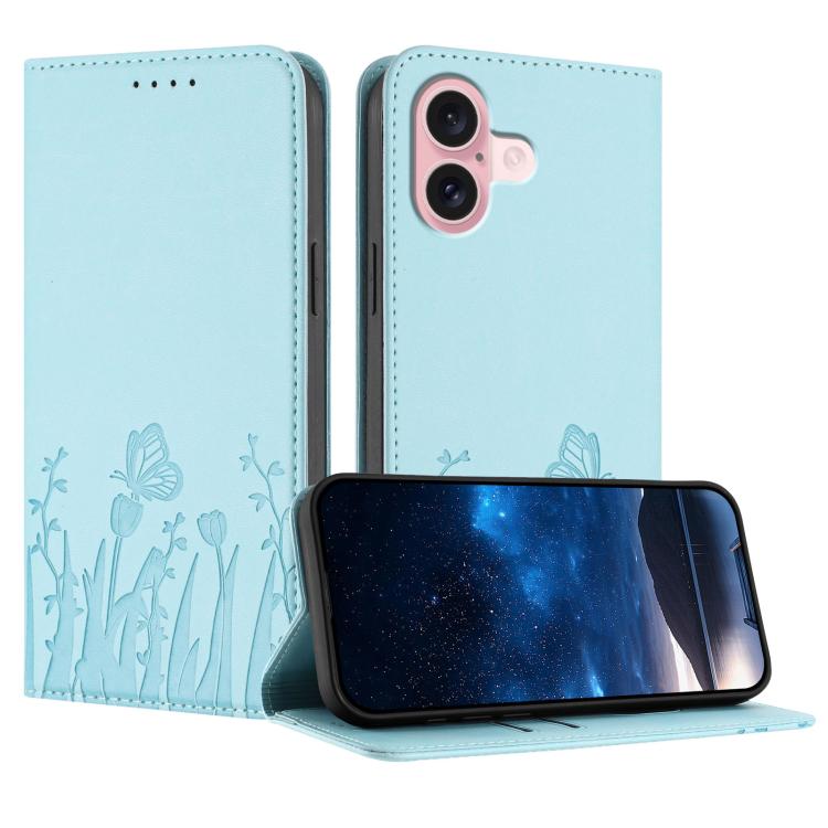Funda magnética para teléfono de piel vegana con estampado de tulipanes y mariposas, For iPhone 16, For iPhone 15 Pro Max, For iPhone 15 Pro, For iPhone 15 Plus