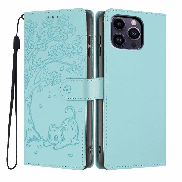 Funda para teléfono plegable de piel vegana con relieve de gato y árbol, For iPhone 14 Pro Max, For iPhone 13 Pro Max, For iPhone 13 Pro, For iPhone 13, For iPhone 12 Pro Max, For iPhone 12 / 12 Pro